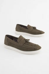 Next Lederslipper mit geflochtenem Steg Dunkelgrün/Khaki
