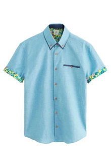 Next Kurzarmhemd Hemd aus Leinengemisch Blau/Hellblau Next Kurzarmhemd Hemd aus Leinengemisch Blau/Hellblau