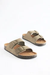 Next Ledersandalen mit zwei Schnallen Beige/Dunkelgrün/Khaki