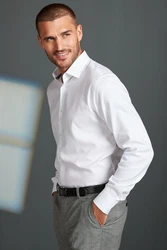 Next Stretch-Jeans Strukturiertes Signature Hemd mit Sportmanschetten Weiß/Creme