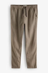 Next Slim Fit Hose mit Kordelzug aus Leinenmischung Khaki