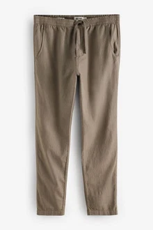 Next Slim Fit Hose mit Kordelzug aus Leinenmischung Khaki