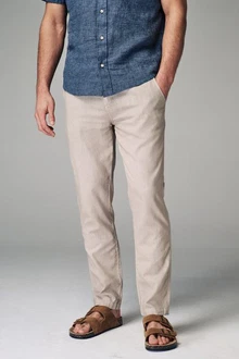 Next Slim Fit Hose mit Kordelzug aus Leinenmischung Beige/Khaki/Braun