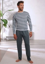 H.I.S Pyjama 2-tlg. mit Streifen Grau/Grün/Braun