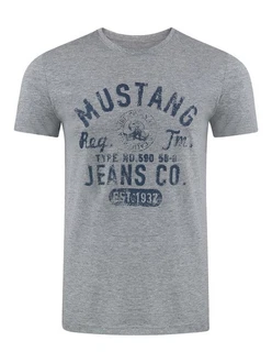 MUSTANG Herren T-Shirt Rundhals Kurzarm Logo Print Schwarz/Weiß/Blau/Grau (1004412-4140)