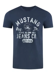 MUSTANG Herren T-Shirt Rundhals Kurzarm Logo Print Dunkelblau/Blau