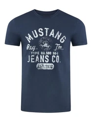 MUSTANG Herren T-Shirt Rundhals Kurzarm Logo Print Dunkelblau/Blau