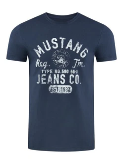 MUSTANG Herren T-Shirt Rundhals Kurzarm Logo Print Dunkelblau/Blau