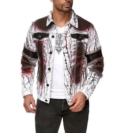 Jeansjacke mit extravagantem Print und Nieten