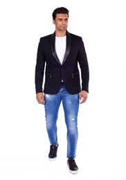 Jerseyblazer Herren Jersey Sakko mit Totenkopf und Lederkragen Schwarz 58 Kunstleder Kragen