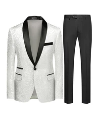 Allthemen Smoking Herren Jacquard Anzug Slim Fit 2 Teilig Anzug Grau/Silber/Weiß