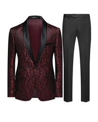 Allthemen Smoking Herren Jacquard Anzug Slim Fit 2 Teilig Anzug Bordeaux/Rot/Dunkelrot