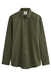 Next Langarmhemd Pflegeleichtes Slim Fit Hemd mit Sportmanschetten Dunkelgrün/Grün/Khaki