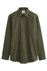 Next Langarmhemd Pflegeleichtes Slim Fit Hemd mit Sportmanschetten Dunkelgrün/Grün/Khaki