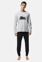 Lacoste Pyjama Schlafanzug Pyjama-Set mit Samt-Logo Grau/Silber/Hellgrau