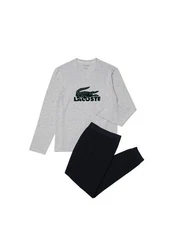 Lacoste Pyjama Schlafanzug Pyjama-Set mit Samt-Logo Grau/Silber/Hellgrau