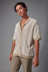 Next Kurzarmhemd Strickpullover mit Knopfleiste und Kuba-Kragen Beige/Braun/Rot/Khaki