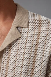 Next Kurzarmhemd Strickpullover mit Knopfleiste und Kuba-Kragen Beige/Braun/Rot/Khaki