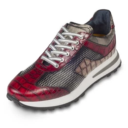 Leder-Sneaker rot mit grau/beige, raffinierte Prgung und Kroko-Optik Sneaker Handgefertigt in Italien