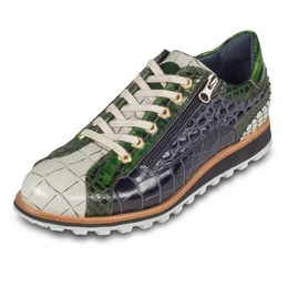 Leder-Sneaker grn / wei / schwarz mit Reptil-Prgung, Reiverschlu Sneaker Handgefertigt in Italien