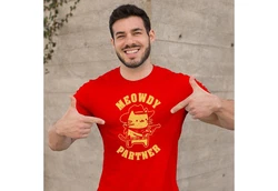 MoonWorks Herren T-Shirt Meowdy Partner Meme Cowboy Katze Rot/Dunkelrot/Bordeaux/Weiß