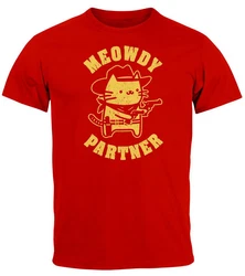 MoonWorks Herren T-Shirt Meowdy Partner Meme Cowboy Katze Rot/Dunkelrot/Bordeaux/Weiß