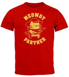 MoonWorks Herren T-Shirt Meowdy Partner Meme Cowboy Katze Rot/Dunkelrot/Bordeaux/Weiß