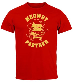 MoonWorks Herren T-Shirt Meowdy Partner Meme Cowboy Katze Rot/Dunkelrot/Bordeaux/Weiß