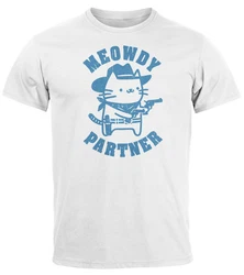 MoonWorks Herren T-Shirt Meowdy Partner Meme Cowboy Katze Weiß/Hellblau
