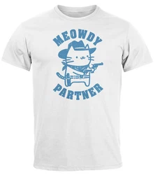 MoonWorks Herren T-Shirt Meowdy Partner Meme Cowboy Katze Weiß/Hellblau