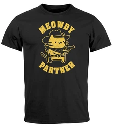 MoonWorks Herren T-Shirt Meowdy Partner Meme Cowboy Katze Braun/Gelb/Weiß/Grau/Lila/Rot