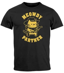 MoonWorks Herren T-Shirt Meowdy Partner Meme Cowboy Katze Braun/Gelb/Weiß/Grau/Lila/Rot