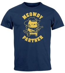 MoonWorks Herren T-Shirt Meowdy Partner Meme Cowboy Katze Dunkelblau/Rot/Blau/Weiß/Lila/Braun/Gelb