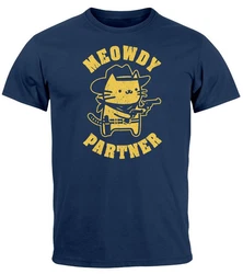 MoonWorks Herren T-Shirt Meowdy Partner Meme Cowboy Katze Dunkelblau/Rot/Blau/Weiß/Lila/Braun/Gelb