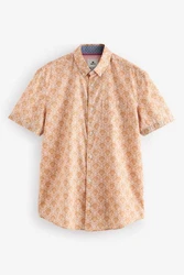 Next Kurzarmhemd aus Leinengemisch mit Print Rot/Braun/Orange/Beige/Gelb/Rosa