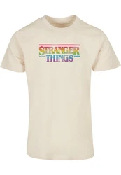 ABSOLUTE CULT Herren Stranger Things Rainbow Dot Logo T-Shirt Khaki/Orange/Beige/Gelb/Rosa