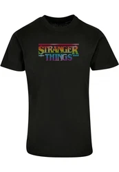 ABSOLUTE CULT Herren Stranger Things Rainbow Dot Logo T-Shirt Schwarz/Mischfarben/Silber/Braun
