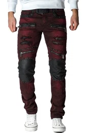 Bikerjeans Herren Hose BA-CD481 Bordeaux W38/L36 (1-tlg) mit Kunstleder Bereichen und Nieten