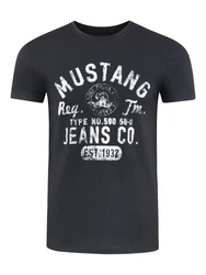 MUSTANG Herren T-Shirt Rundhals Kurzarm Logo Print Schwarz/Dunkelblau/Dunkelgrau/Beige