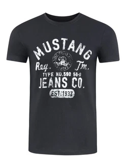 MUSTANG Herren T-Shirt Rundhals Kurzarm Logo Print Schwarz/Dunkelblau/Dunkelgrau/Beige