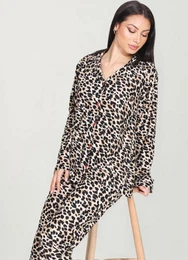 Schlafanzug Damen Pyjama Set Leopardenmuster Langarm Hausanzug (2-teiliges Set bestehend aus langrmligem Oberteil und Hose) elastischer Bund, weicher Tragekomfort