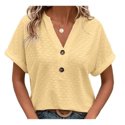 YRIIOMO Tanktop Frhling-Sommer-Damenmode mit Knopf-V-Ausschnitt Damen T-Shirt Gelb/Khaki/Beige