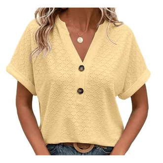 YRIIOMO Tanktop Frhling-Sommer-Damenmode mit Knopf-V-Ausschnitt Damen T-Shirt Gelb/Khaki/Beige