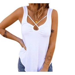 Tanktop Frhling-Sommer-Damenbekleidung, bedrucktes rmelloses Top mit V -Ausschnitt und Knopfverschluss fr Damen.