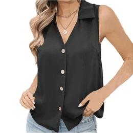 Tanktop Sommer-Damenbekleidung, einfarbiges V-Ausschnitt, locker, rmelloses Hemd mit gedrehtem Knopf, Damen.