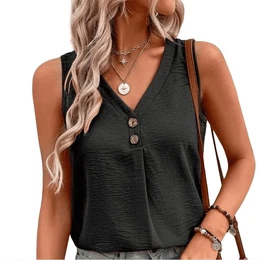 Tanktop Sommer-Damenbekleidung, lssig, modisch, V-Ausschnitt, Knpfe, rmellose Weste, Damen.