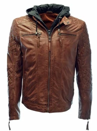 Lederjacke Alex II gesteppt, washed, abnembare Kapuze, Schwarz, Cognac, Dunkel Braun