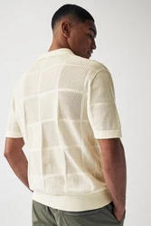 Next Kurzarmhemd Strickpullover mit Knopfleiste und Kuba-Kragen Weiß/Creme/Khaki