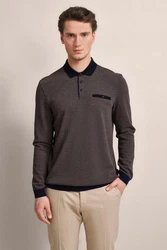 bugatti Pullover Langarm-Poloshirt nachtblau/dunkelbraun