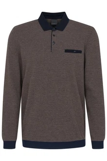 bugatti Pullover Langarm-Poloshirt nachtblau/dunkelbraun